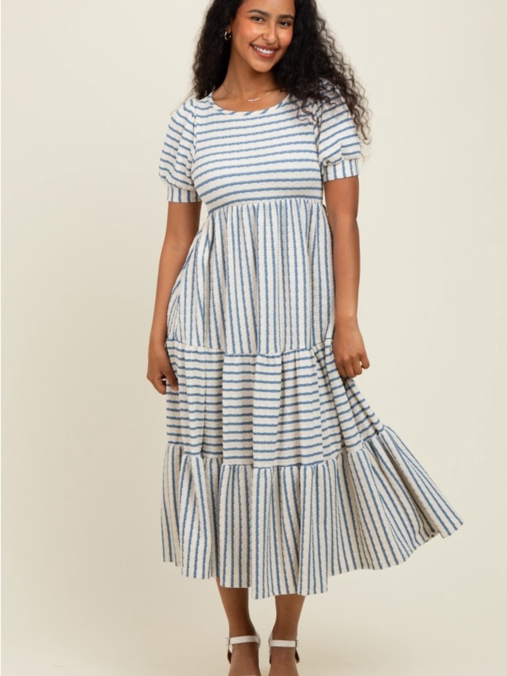 Striped Blue & White Tiered Midi Dress - Women's